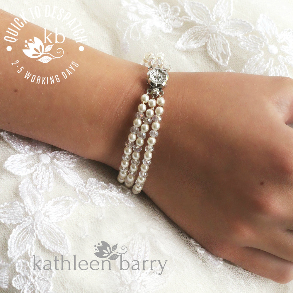 Lauren three strand bracelet - crystal and pearl, flower clasp - 7 pearl colors available