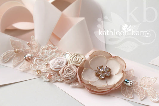 Leanne Wedding Dress Sash/Bridal belt in Blush pink and nude tones with luxury fabric flowers, rhinestone and lace detail - rose gold