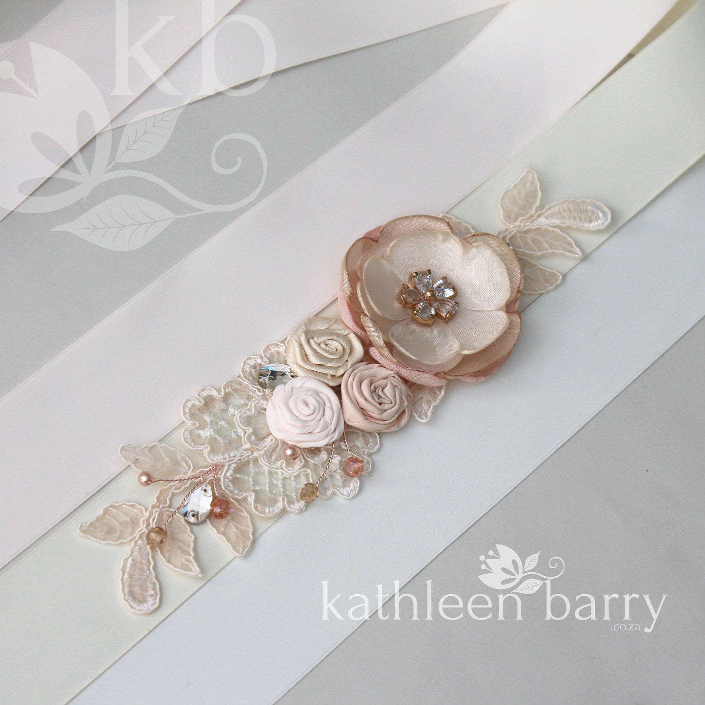 Leanne Wedding Dress Sash/Bridal belt in Blush pink and nude tones with luxury fabric flowers, rhinestone and lace detail - rose gold
