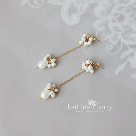 Mildri chain drop earrings - Pearl clusters & chain Gold, Silver or Rose gold options