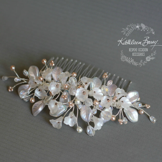 Nadine Floral leaf hair comb crystal & pearl - Rose gold, gold or silver - 7 pearl colors