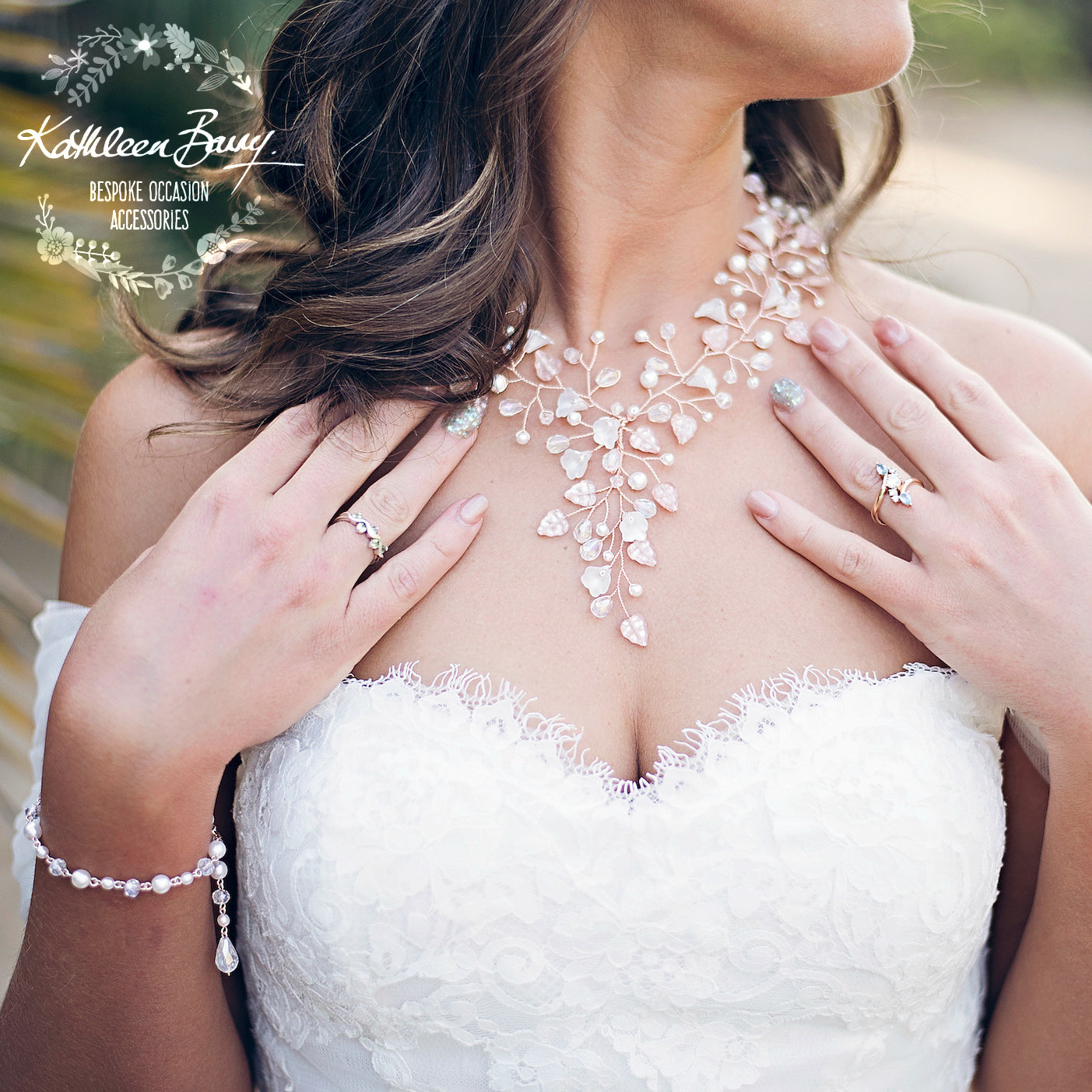 rose gold floral necklace Organic crystal and pearls wedding