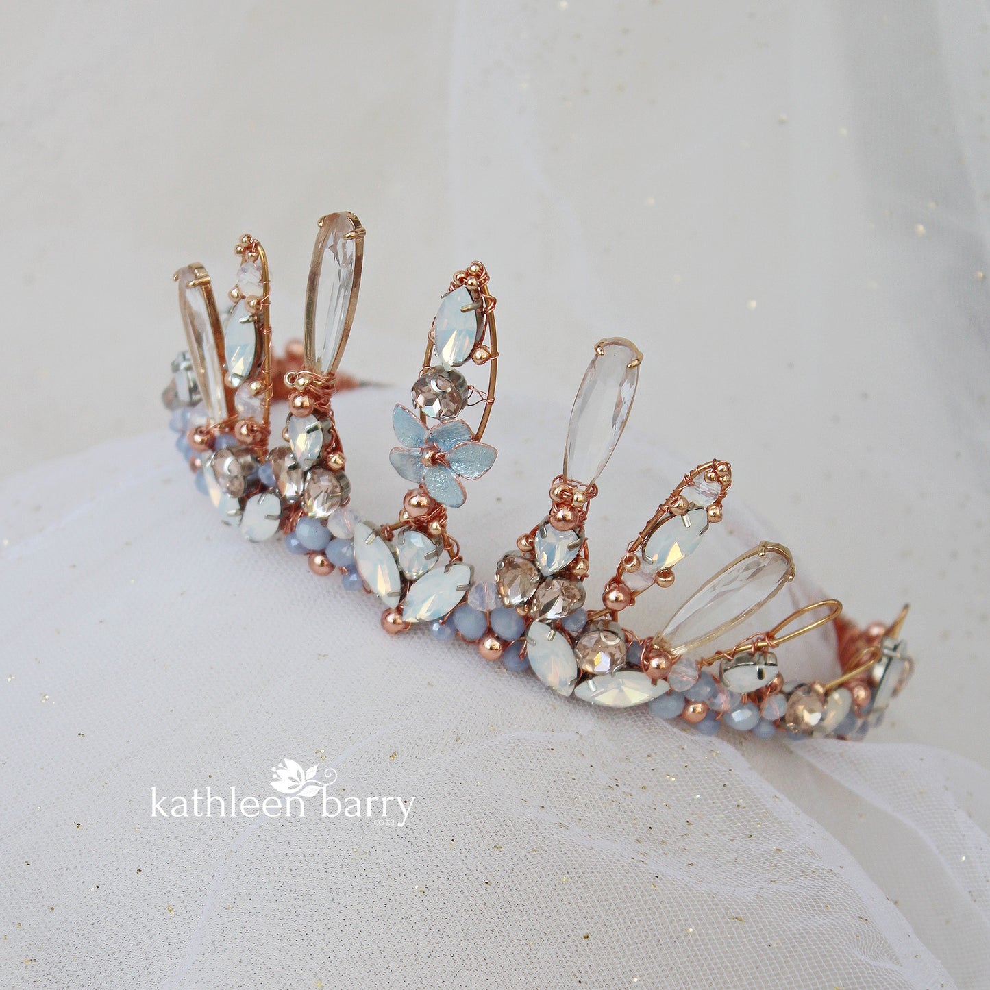 Paige Tiara style bridal crown rose gold and pale opal blue - wedding hair accessories - custom colors to order