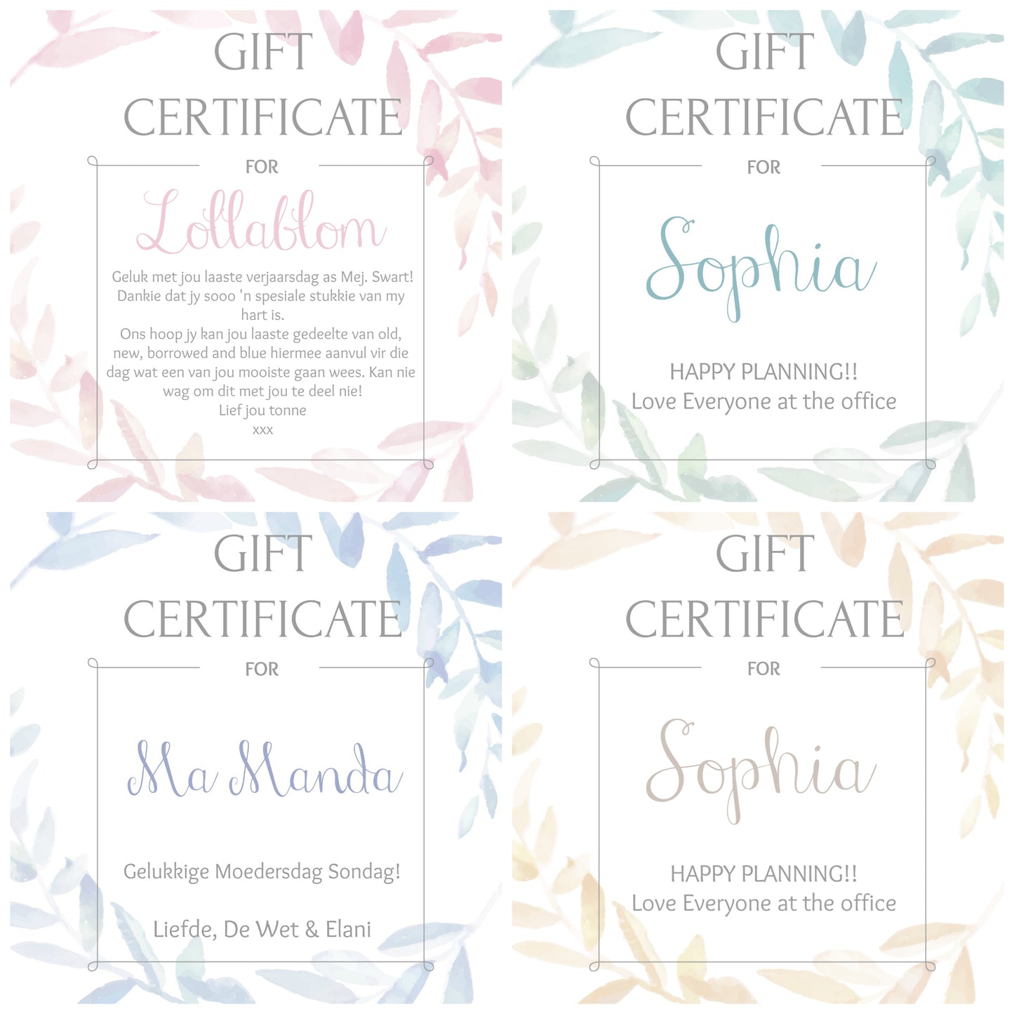 Gift certificate personalized - Bridal shower gift idea - COLORS AVAILABLE - Choose your amount starting FROM: