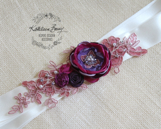 Lisa Wedding Dress Sash Belt - floral with lace - Raspberry Plum