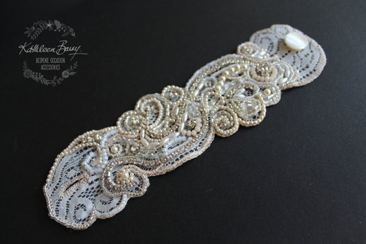 Lace cuff bracelet, crystal pearl with rhinestone detail, hand embellished - ivory & cream