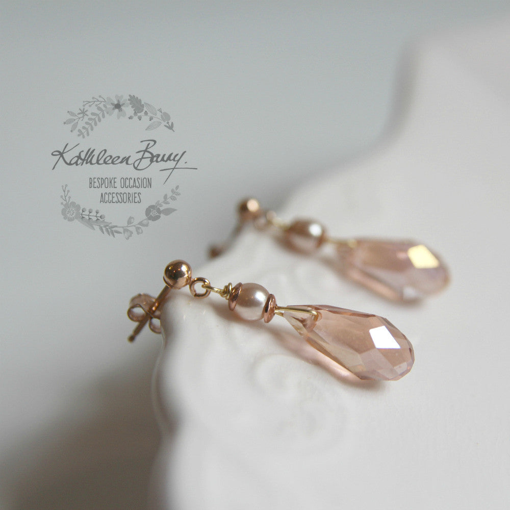 Sarah Rose gold blush pink dainty crystal drop earrings