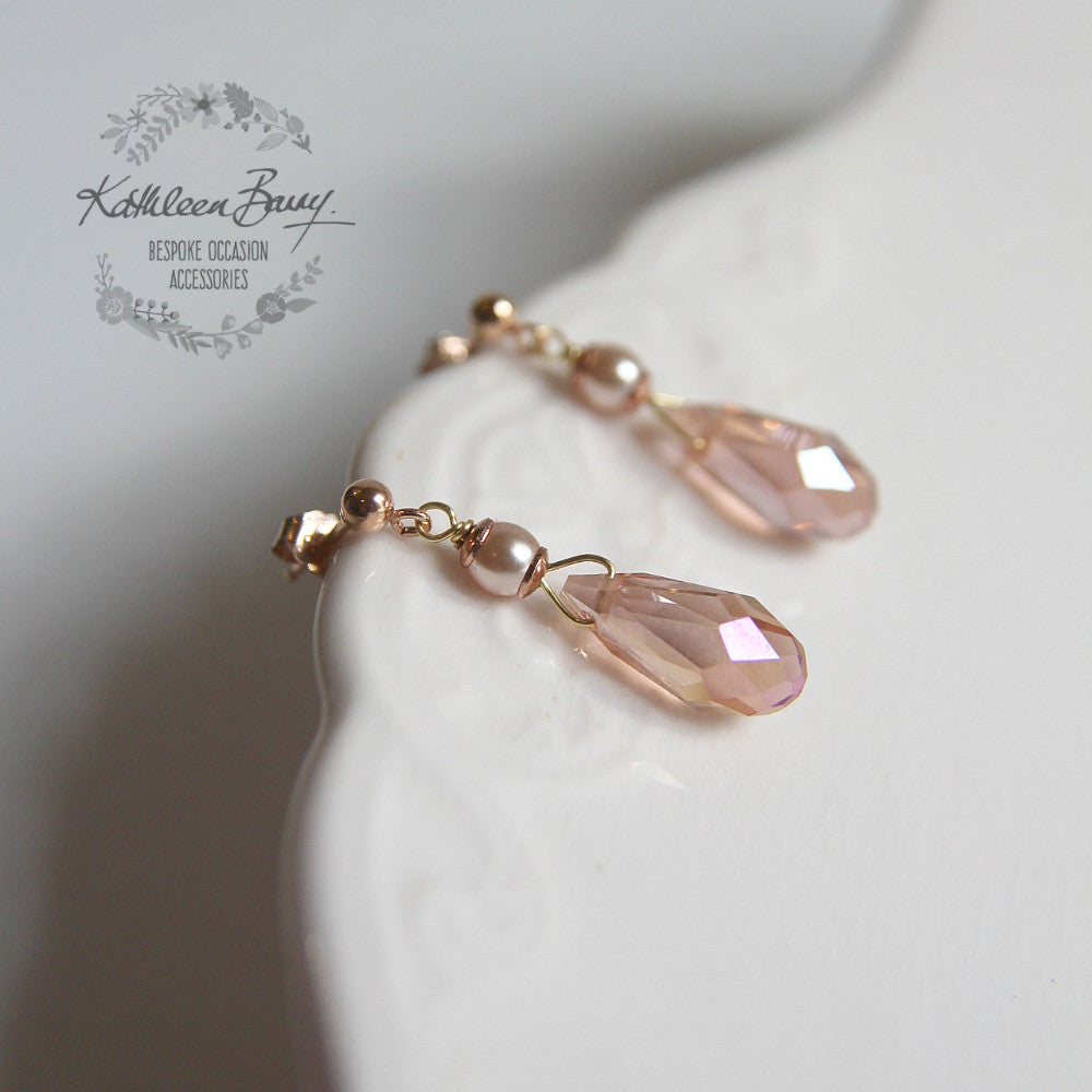 Sarah Rose gold blush pink dainty crystal drop earrings