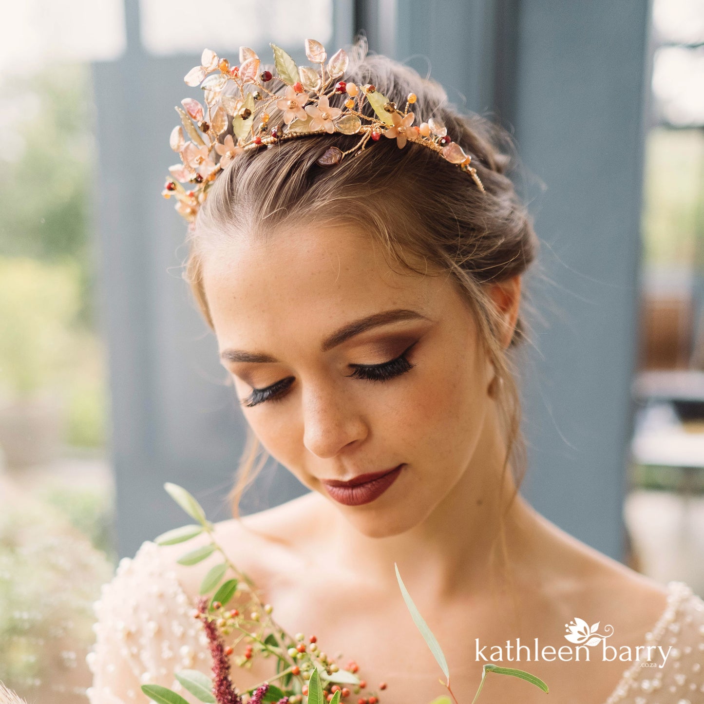 Sanzi floral leaf crown tones of warm rose gold - Autumn shades or navy bronze - custom color options available