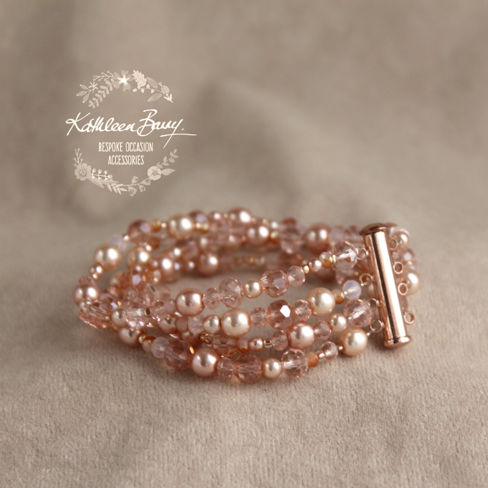 Blush pink Rose gold bracelet with crystals pearls bridesmaid gift Kathleen Barry Bespoke Occasion Accessories