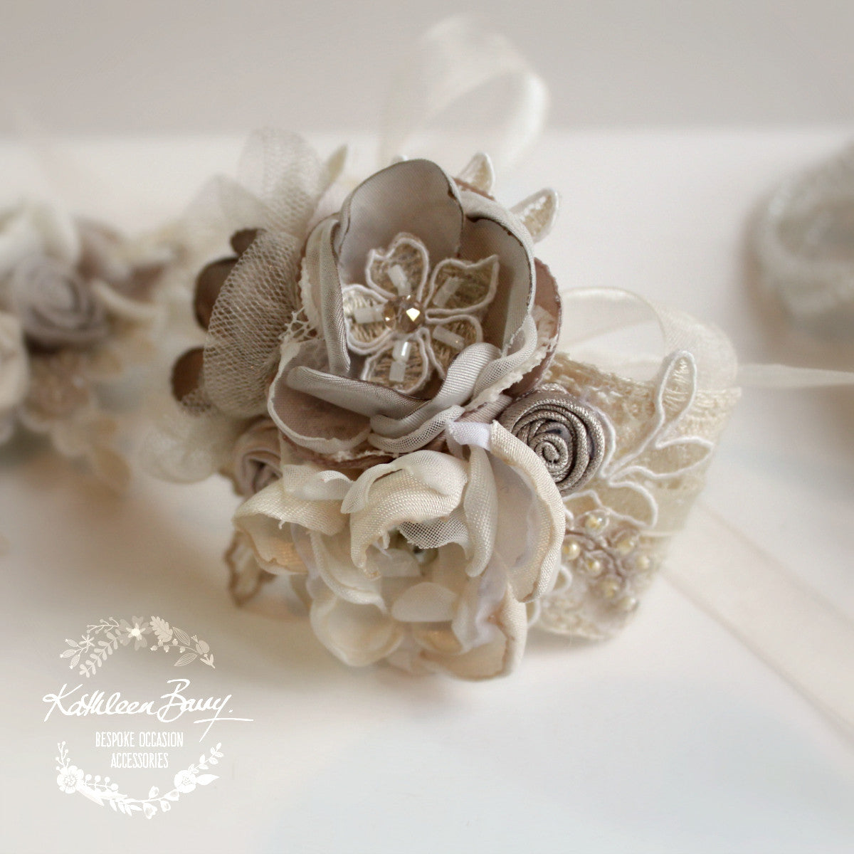 Lace wrist corsage Oyster taupe pebble wedding accessories Mother of the Bride Bridesmaid Prom Matric dance