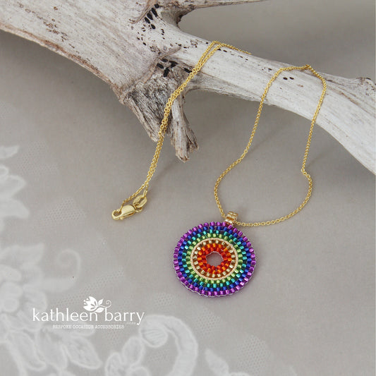 Naomi rainbow mandala pendent necklace available in Silver, gold or rose gold finish