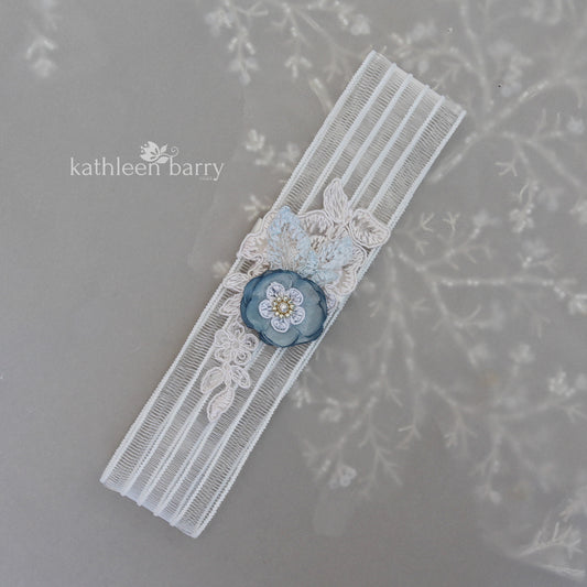 Yvonne garter ivory with flower detail and lace - Dusty blue - color options available