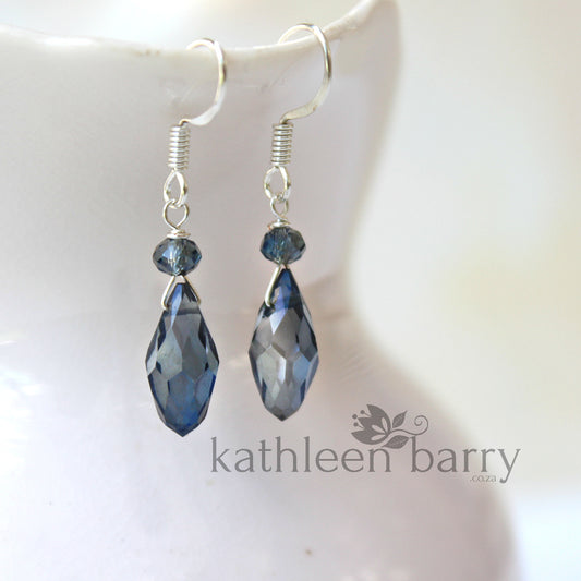 Kate Navy blue crystal drop earrings, Silver, gold or rose gold finish (color options available)