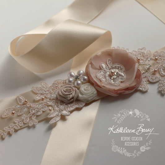 Emma Wedding dress sash belt - floral with lace - Blush pink ivory cream
