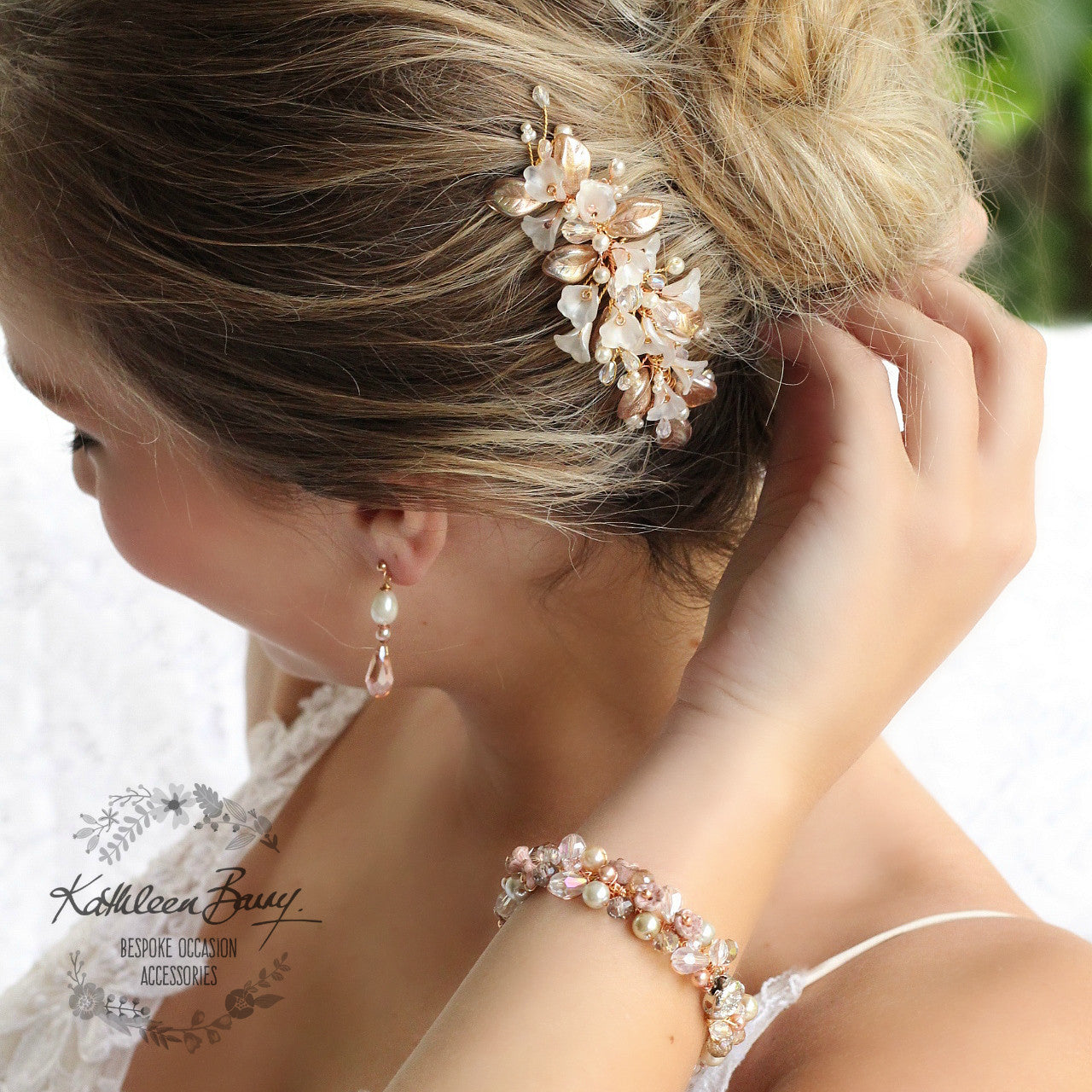 Nadine Floral leaf hair comb crystal & pearl - Rose gold, gold or silver - 7 pearl colors