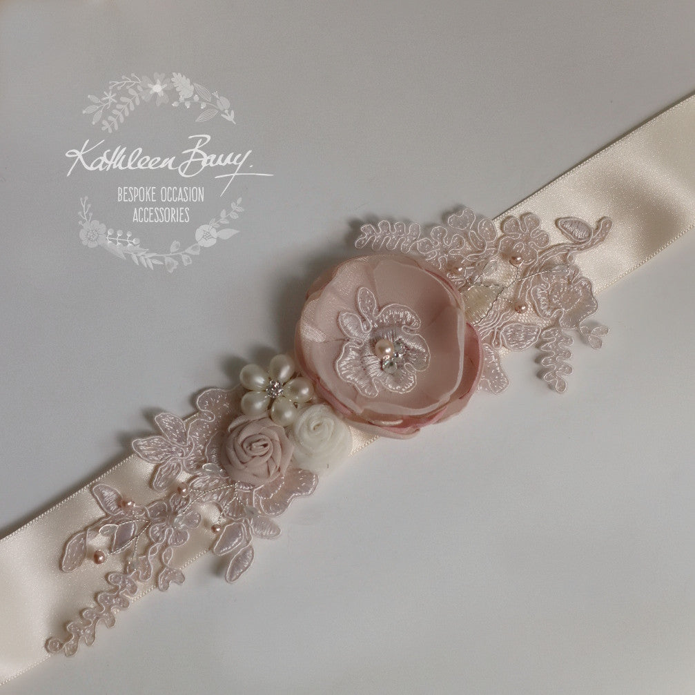 Emma Wedding dress sash belt - floral with lace - Blush pink ivory cream
