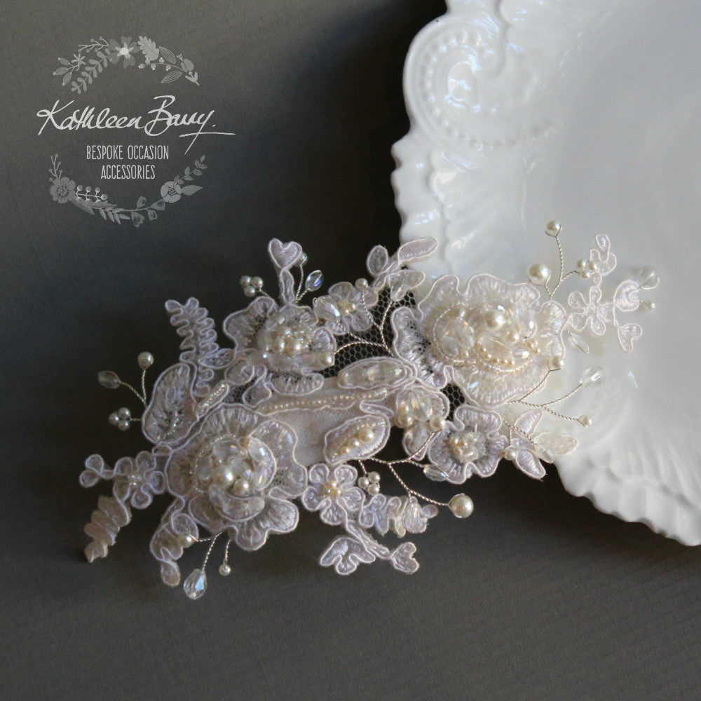 Carmen Lace bridal hairpiece clip - Lace, pearl and metallic color options available