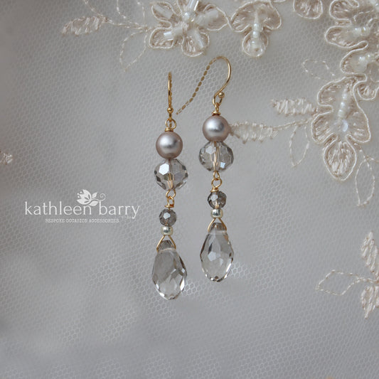 Smokey silver grey Clare Earrings Crystal & Pearl Gold, silver or rose gold option (also available in clear)