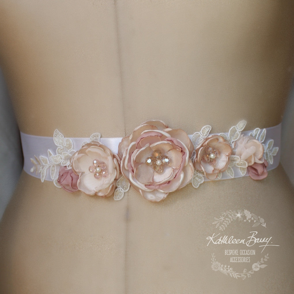blush pink sash for dress Rose Silk Flowers Blush Bridal Belt Sash Pink Wedding Gown Accessory Ivory Ribbon