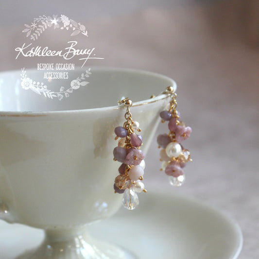 Jackie Lilac Plum Gold Bridal Cluster Earrings - Crystal and pearl - Wedding accessories