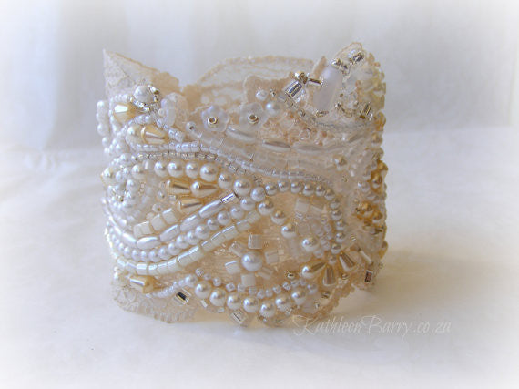 Bridal cuff bracelet lace crystal pearl - ivory & cream
