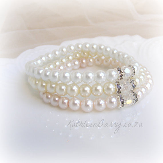 Pearl Stacking Bracelets - Bridesmaid gift - crystal and Rhinestone detail sold per each