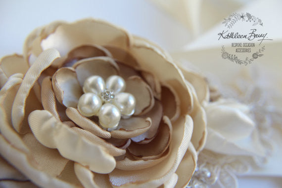 Cafe Latte Wedding Dress sash - Belt - floral bridal sash