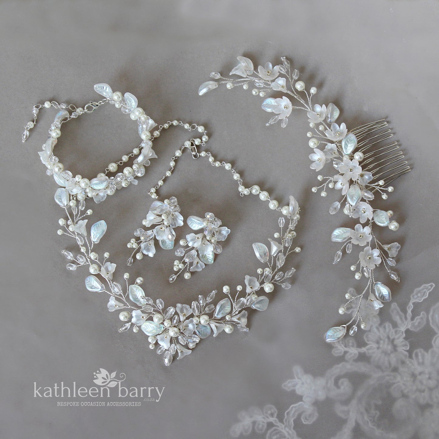 Nadine floral statement necklace - Flowers, leaves, crystals and pearls in rose gold, gold or silver finish