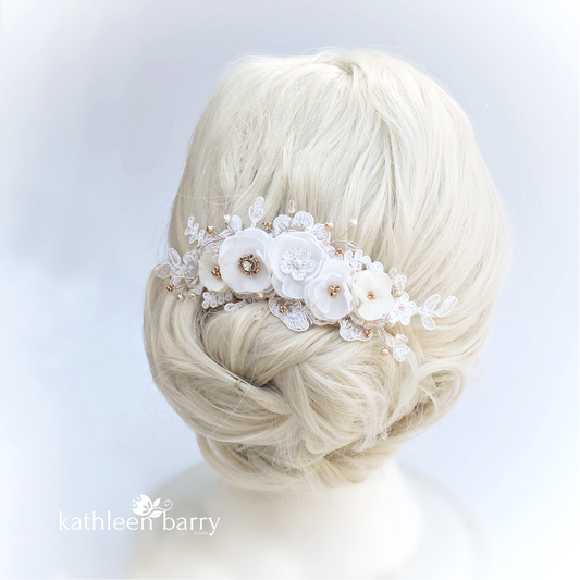lace flower hair clip ivory rose gold veil comb
