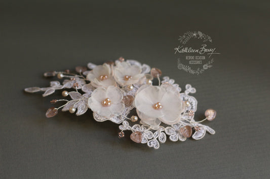 Marilyn Ivory / Off-white Lace Hairpiece Hints of Blush Pink with Rose Gold Accents