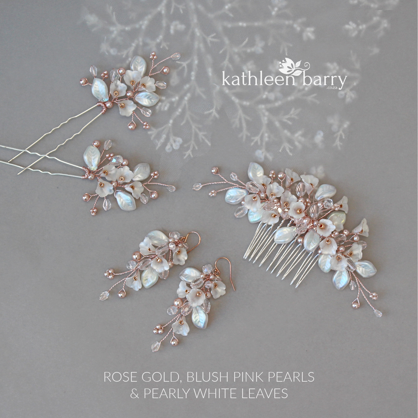 Nadine Floral leaf hair comb crystal & pearl - Rose gold, gold or silver - 7 pearl colors