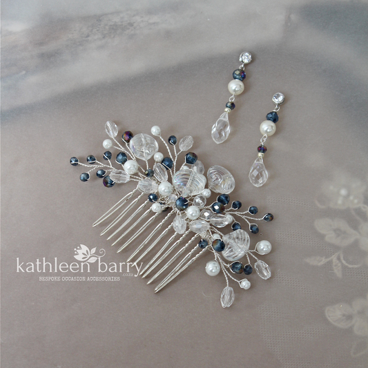 Shell Crystal Pearl Bridal hair comb beach wedding theme Navy and white - Color and finish options available
