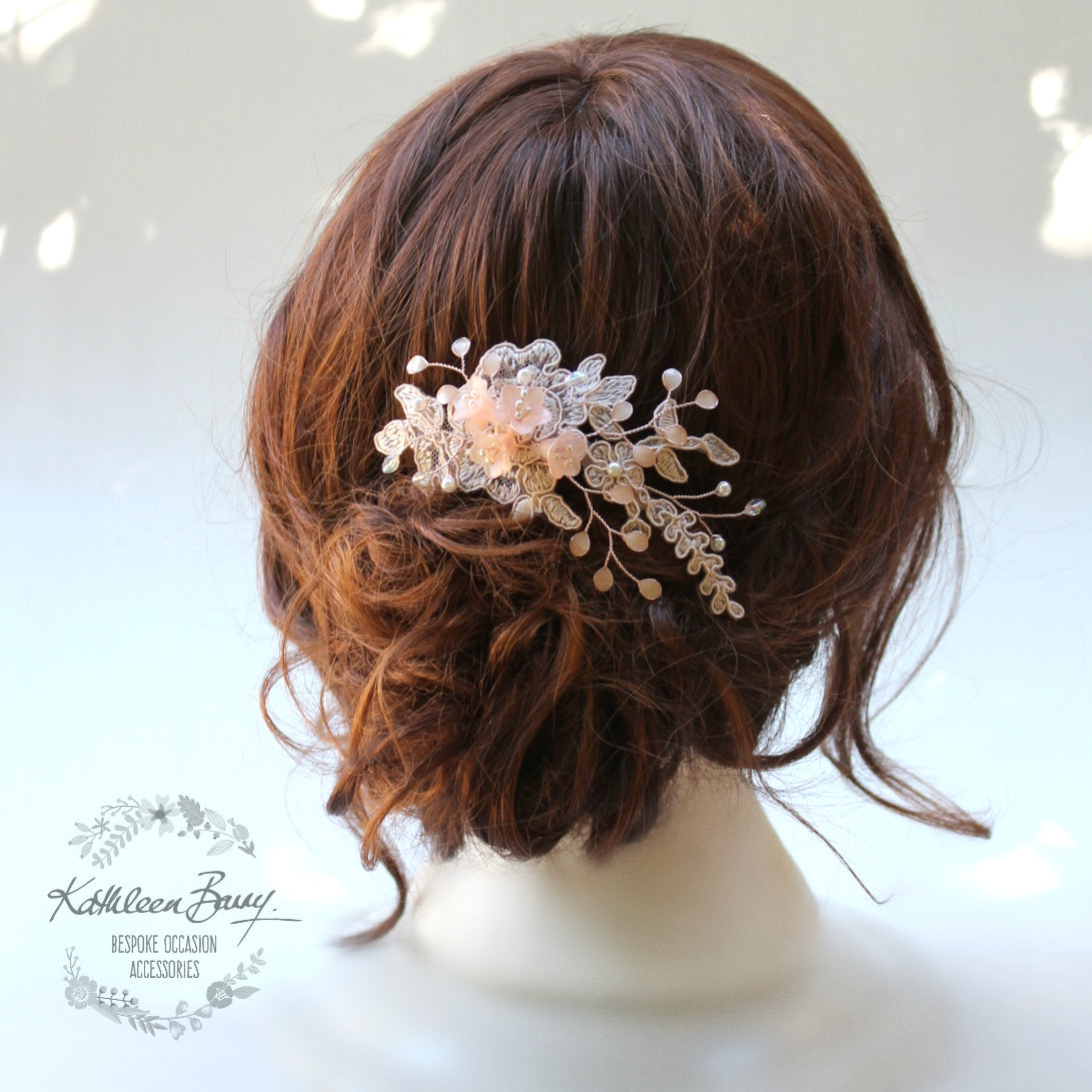 Ntombi Lace bridal hairpiece blush pink rose gold - wedding hairpiece comb - veil comb