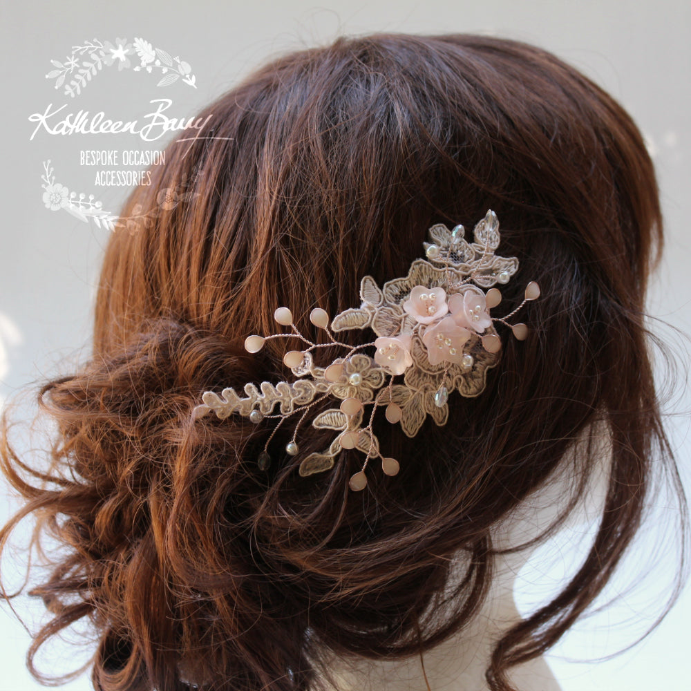 Ntombi Lace bridal hairpiece blush pink rose gold - wedding hairpiece comb - veil comb