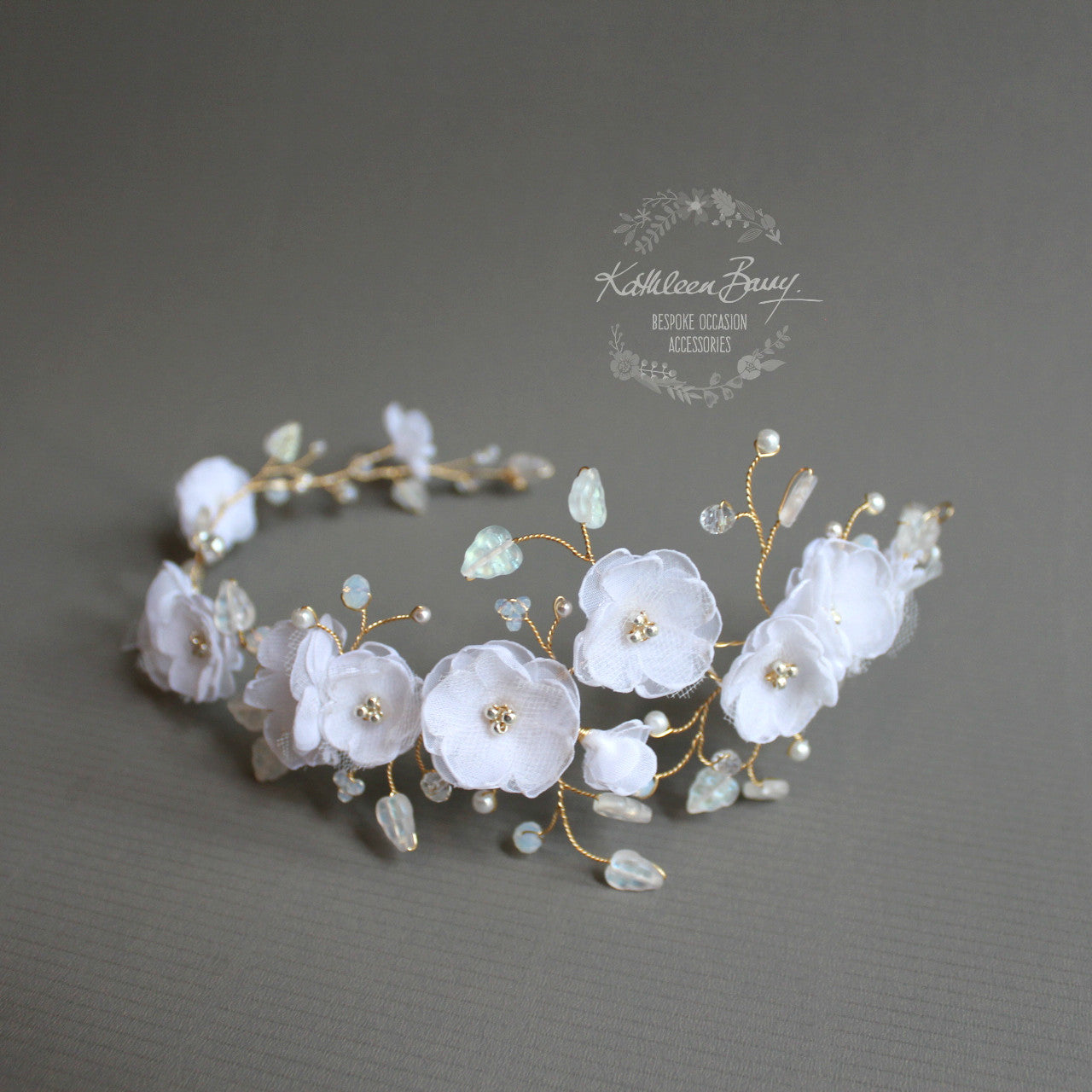 Lilly-Belle Aqua Gold white hair vine, blossom wedding bridal hair accessory wedding bride flower crown wreath - opalescent crystals - blue