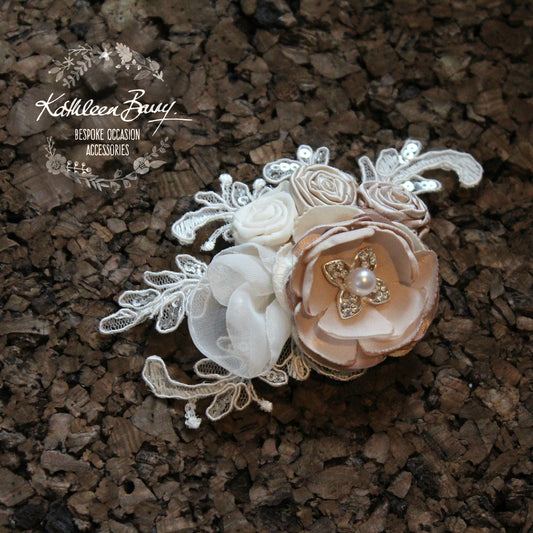 Rose bridal hairpiece floral - veil comb wedding hair accessory - ivory oyster pebble taupe