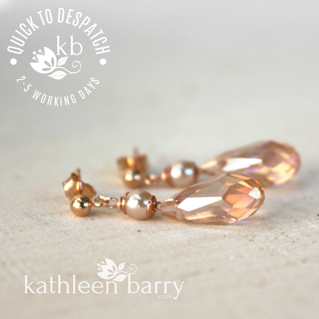 Sarah Rose gold blush pink dainty crystal drop earrings