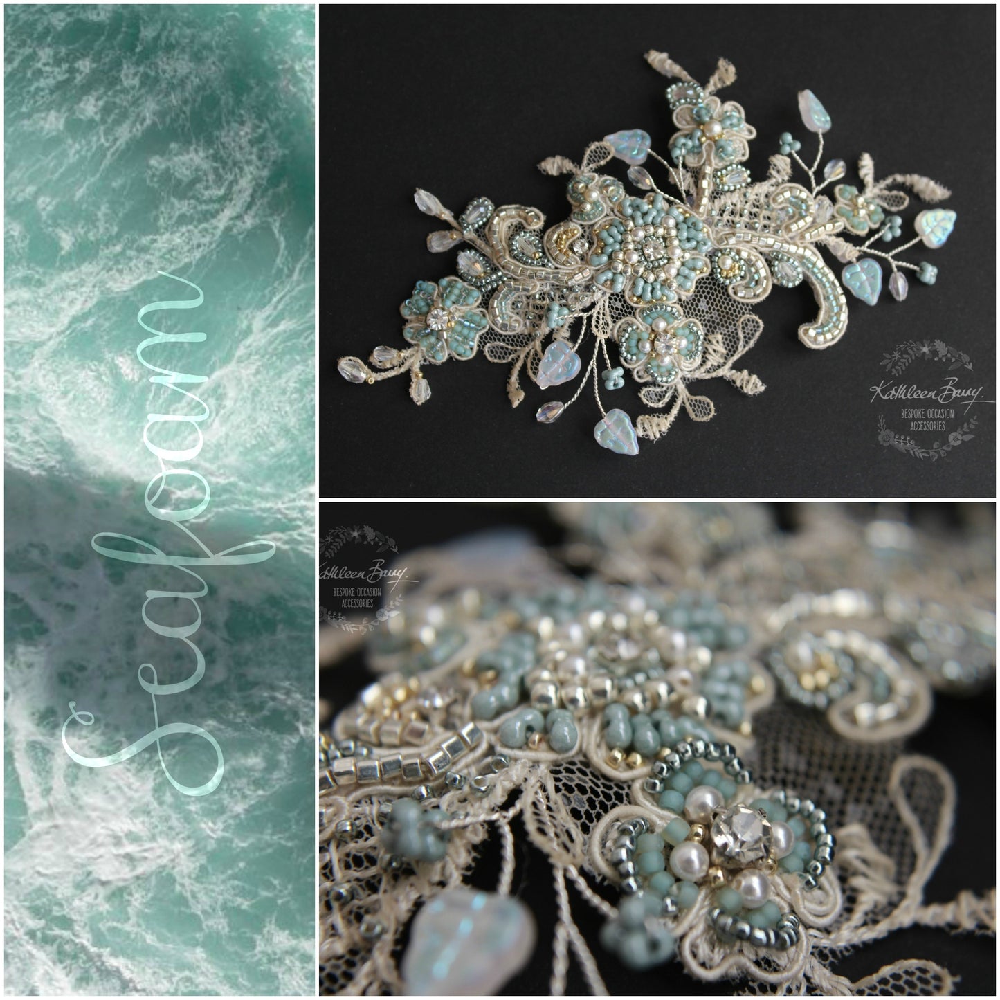 Lace hairpiece seafoam green veil comb - white gold, sea foam green, turquoise