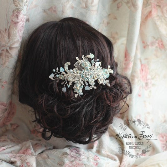 Lace hairpiece seafoam green veil comb - white gold, sea foam green, turquoise