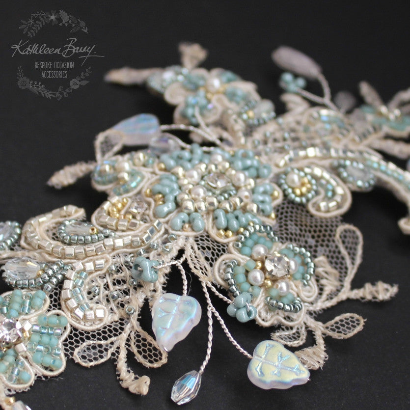 Lace hairpiece seafoam green veil comb - white gold, sea foam green, turquoise