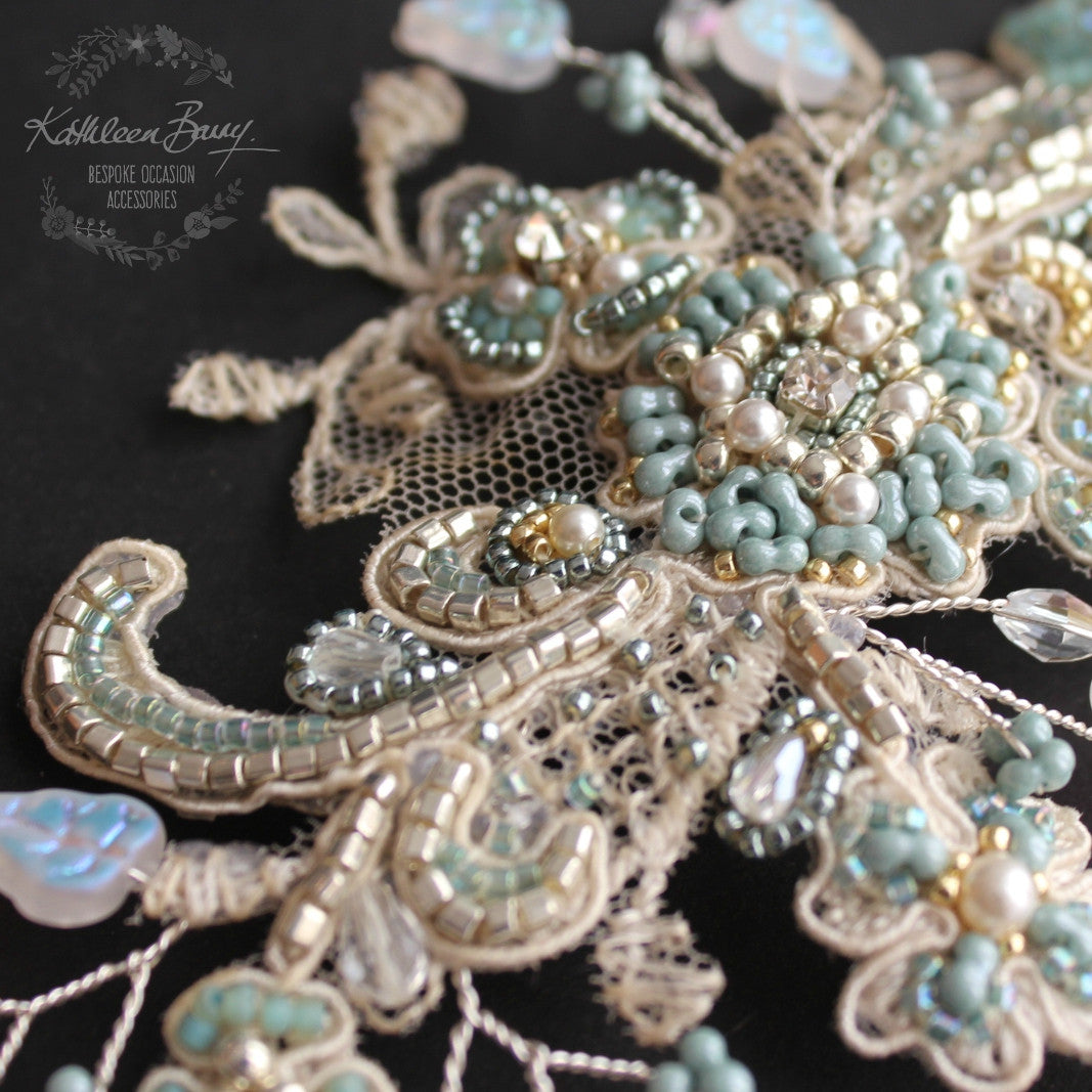 Lace hairpiece seafoam green veil comb - white gold, sea foam green, turquoise