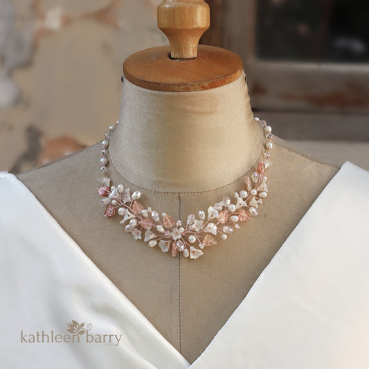 Shelby floral necklace - Flowers, leaves, crystals and pearls in rose gold, gold or silver finish