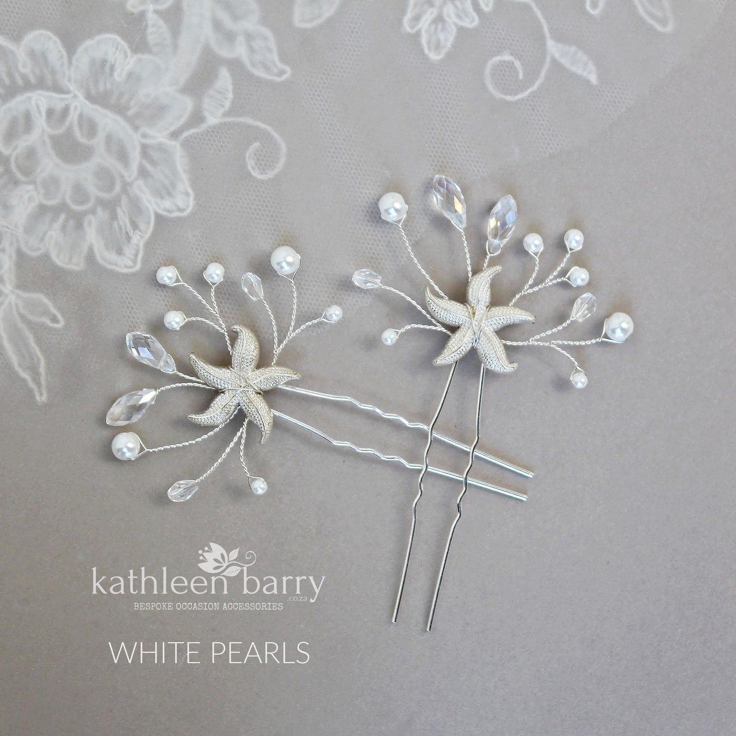 Starfish hair pin, crystal and pearl - sea star beach wedding - Sold Individually