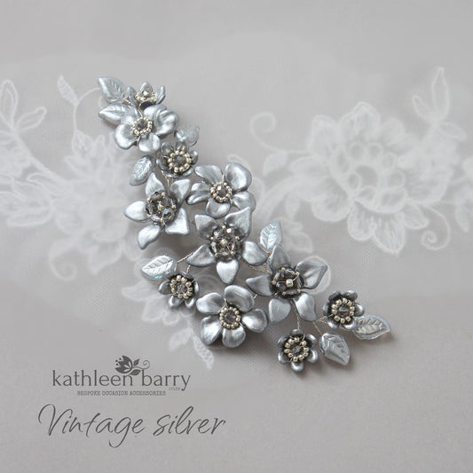 Vintage silver flower hairpiece - assorted custom colors available Bridal hair accessories
