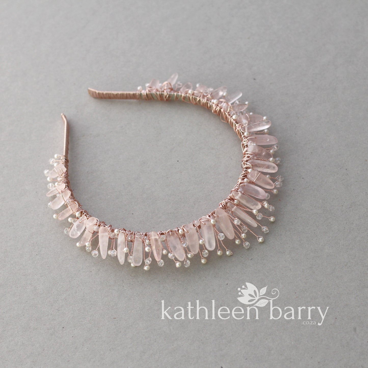 Zenobia Rose quartz and pearl crystal crown - Rose gold, gold or silver