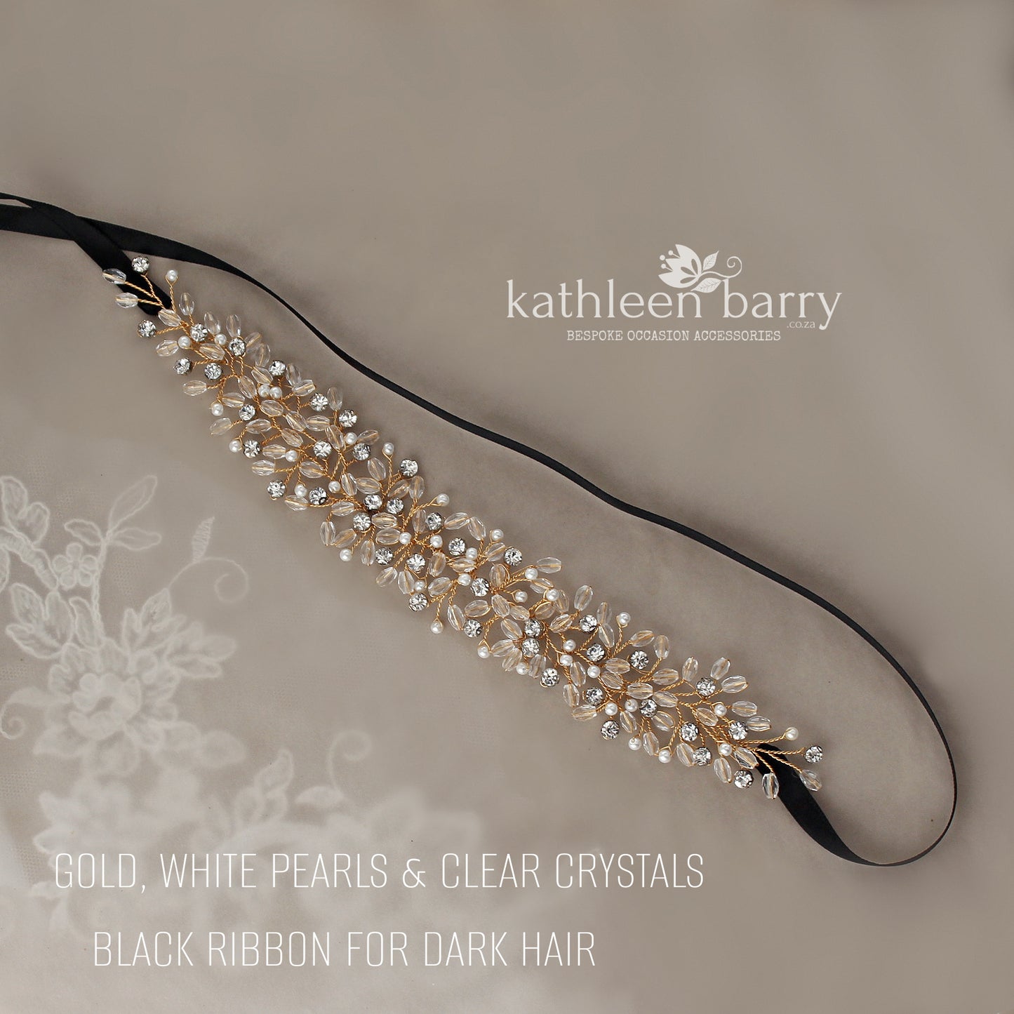 Alecia crystal rhinesone headband with satin ribbon detail Available in gold, silver & rose gold