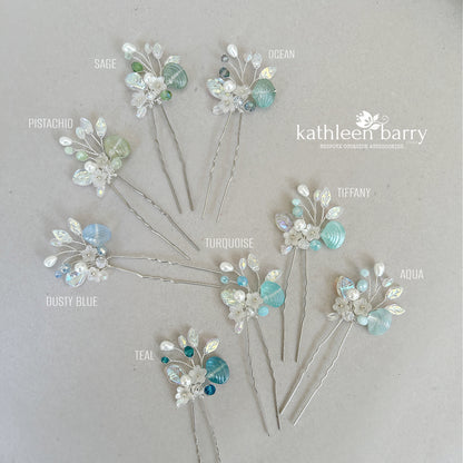 Beach Wedding Hair Pin with Artisan-Crafted Sea Glass Shell, pearls, flowers and leaves - Custom colors to order