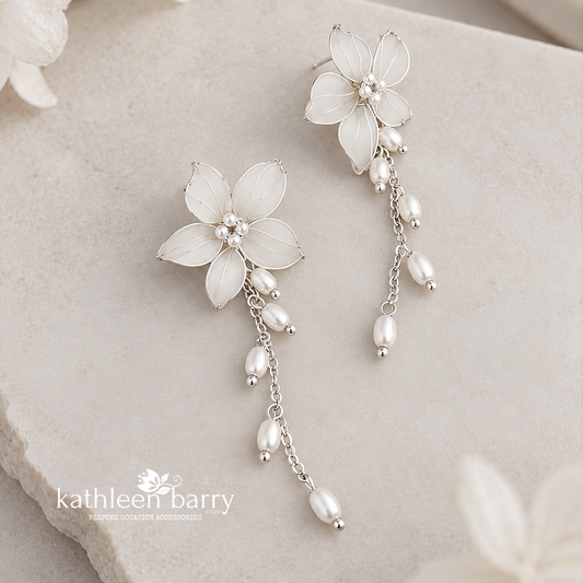 Bev resin flower chain drop wedding earrings floral bridal earrings gold, silver or rose gold - flower colours to order