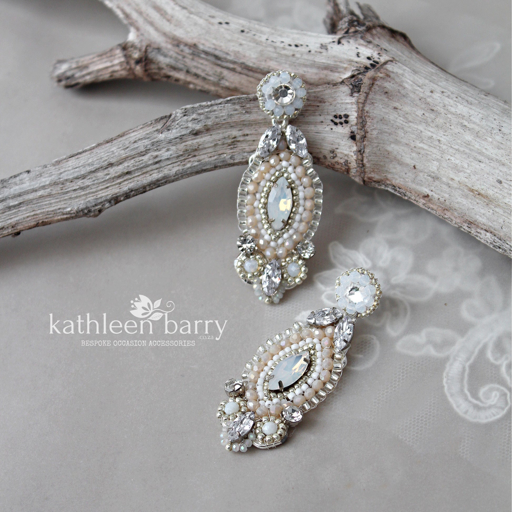 Rhinestone silver and white beaded wedding earrings - Bridal chandelier  statement earrings – Kathleen Barry Bespoke Occasion Accessories